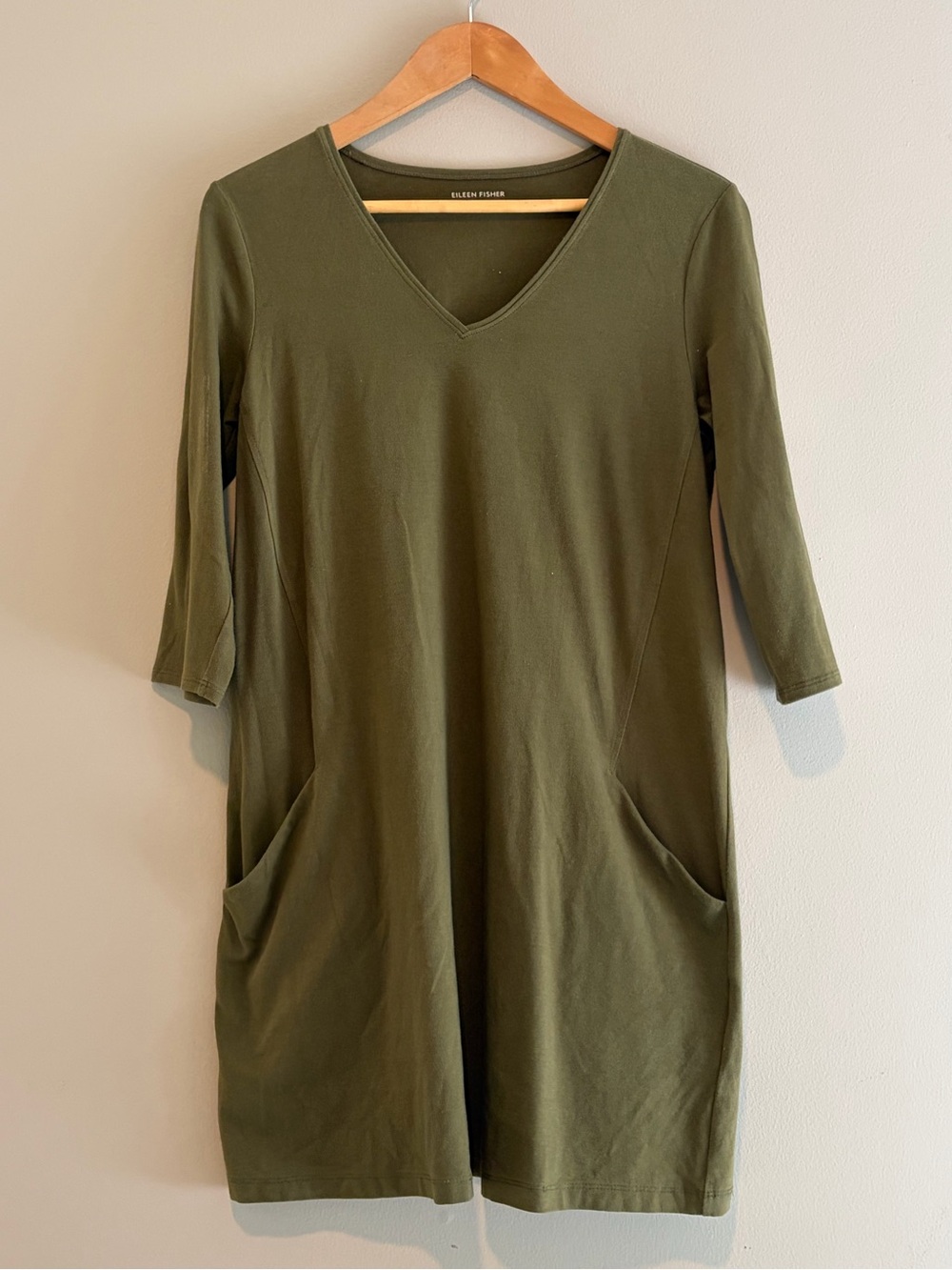 Eileen Fisher Olive Green Knit V-Neck 3/4 Sleeve Dress Size XS